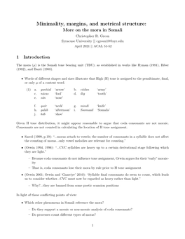 Minimality, Margins, and Metrical Structure: More on the Mora in Somali Christopher R