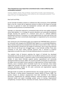 'Does Fairtrade Have More Impact Than Conventional Trade Or Trade Certified by Other Sustainability Standards?' Dear Sushil