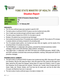 YOBE STATE MINISTRY of HEALTH Situation Report