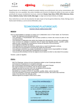 TECHNICIEN(NE) PLASTURGIE (H/F) Contrat À Durée Indéterminée (CDI)