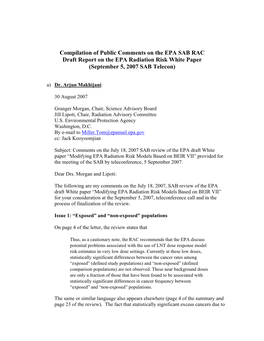 Compilation of Public Comments on the EPA SAB RAC Draft Report on the EPA Radiation Risk White Paper (September 5, 2007 SAB Telecon)