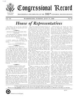 Congressional Record United States of America PROCEEDINGS and DEBATES of the 106Th CONGRESS, SECOND SESSION