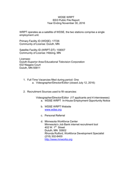 WDSE·WRPT EEO Public File Report Year Ending November 30, 2016