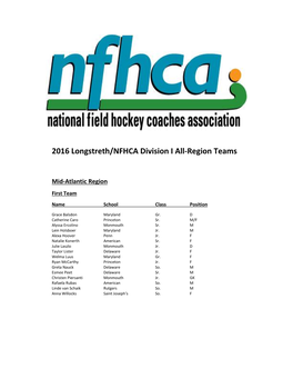 2016 Longstreth/NFHCA Division I All-Region Teams