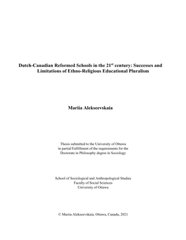 Dutch-Canadian Reformed Schools in the 21St Century: Successes and Limitations of Ethno-Religious Educational Pluralism