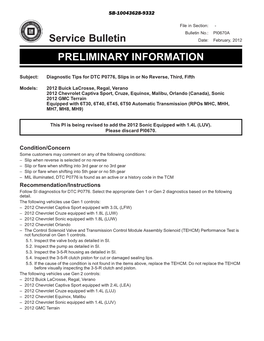 Service Bulletin PRELIMINARY INFORMATION