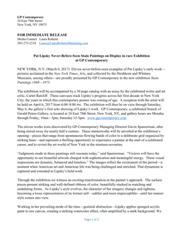 FOR IMMEDIATE RELEASE Pat Lipsky Never-Before