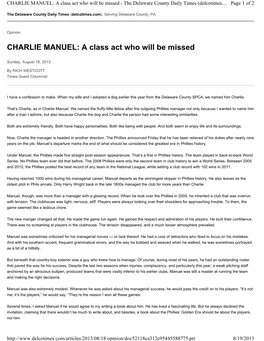 CHARLIE MANUEL: a Class Act Who Will Be Missed - the Delaware County Daily Times (Delcotimes
