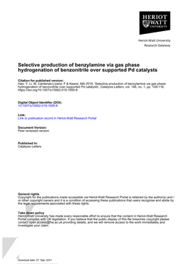 Selective Production of Benzylamine Via Gas Phase Hydrogenation of Benzonitrile Over Supported Pd Catalysts