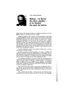 Balzac, « La Revue Des Deux Mondes » Et La Société Des Gens De Lettres