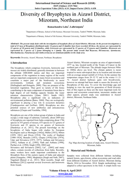 Diversity of Bryophytes in Aizawl District, Mizoram, Northeast India