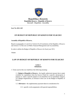 Kosovo – Law on Budget of Kosovo 2013
