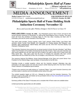Philadelphia Sports Hall of Fame Holding Sixth Induction Ceremony November 12