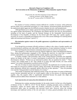 Alternative Report on Compliance with the Convention on the Elimination of All Forms of Discrimination Against Women by Belarus