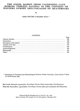 Borgio Verezzi, Sa Vona) in the Context of Western Europe Oryctolagini of Quaternary