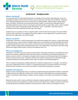 Carfentanil – Backgrounder What Is Carfentanil? the Drug Carfentanil (4-Carbomethoxyfentanyl) Is an Analogue of the Synthetic Opioid Fentanyl