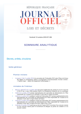 JOURNAL OFFICIEL DE LA RÉPUBLIQUE FRANÇAISE Sommaire