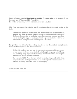 This Is a Chapter from the Handbook of Applied Cryptography, by A. Menezes, P. Van Oorschot, and S. Vanstone, CRC Press, 1996. F