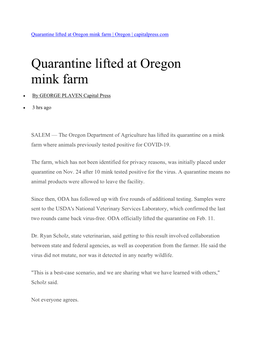 Quarantine Lifted at Oregon Mink Farm | Oregon | Capitalpress.Com