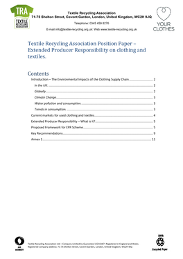Position Paper – Extended Producer Responsibility on Clothing and Textiles
