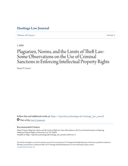 Plagiarism, Norms, and the Limits of Theft Law: Some Observations on the Use of Criminal Sanctions in Enforcing Intellectual Property Rights Stuart P