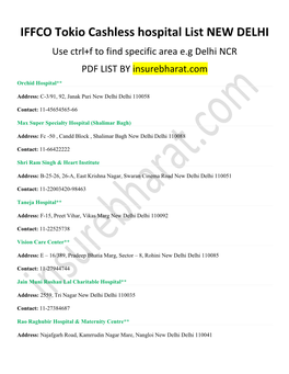 IFFCO Tokio Cashless Hospital List NEW DELHI Use Ctrl+F to Find Specific Area E.G Delhi NCR PDF LIST by Insurebharat.Com