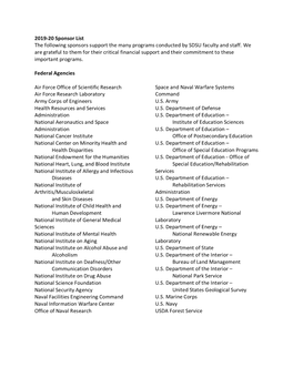 2019-20 Sponsor List the Following Sponsors Support the Many Programs Conducted by SDSU Faculty and Staff. We Are Grateful to Th