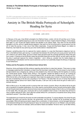 Anxiety in the British Media Portrayals of Schoolgirls Heading for Syria Written by Liz Sage