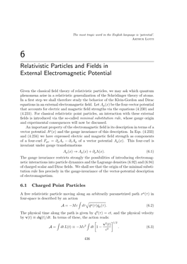 Relativistic Particles and Fields in External Electromagnetic Potential