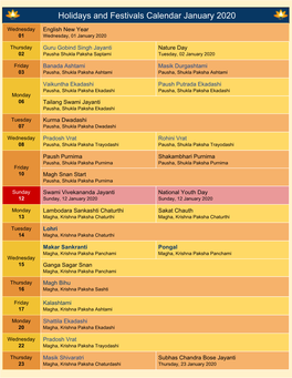 Holidays and Festivals Calendar January 2020