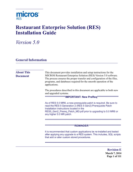 Restaurant Enterprise Solution (RES) Installation Guide Version 5.0