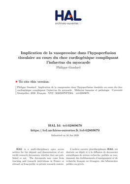 Implication De La Vasopressine Dans L'hypoperfusion Tissulaire Au Cours Du Choc Cardiogénique Compliquant L'infarctus Du Myocarde