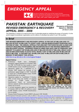 PAKISTAN: EARTHQUAKE Revised Emergency & Recovery REVISED EMERGENCY & RECOVERY Appeal No