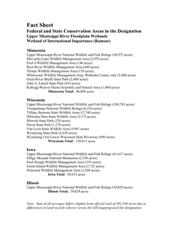 Fact Sheet Federal and State Conservation Areas in the Designation Upper Mississippi River Floodplain Wetlands Wetland of International Importance (Ramsar)