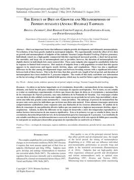 The Effect of Diet on Growth and Metamorphosis of Triprion Petasatus (Anura: Hylidae) Tadpoles