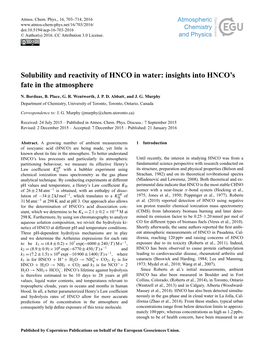 Solubility and Reactivity of HNCO in Water: Insights Into HNCO’S Fate in the Atmosphere