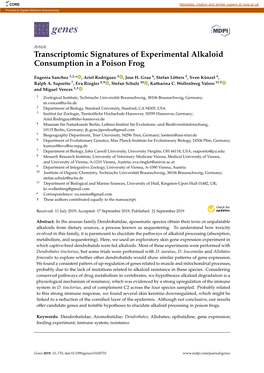 Transcriptomic Signatures of Experimental Alkaloid Consumption in a Poison Frog