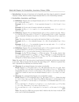 Math 403 Chapter 18: Irreducibles, Associates, Primes, Ufds