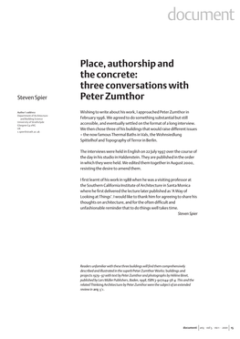 Place, Authorship and the Concrete: Three Conversations with Peter Zumthor Document Arq