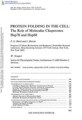 PROTEIN FOLDING in the CELL: the Role of Molecular Chaperones Hsp70 and Hsp60