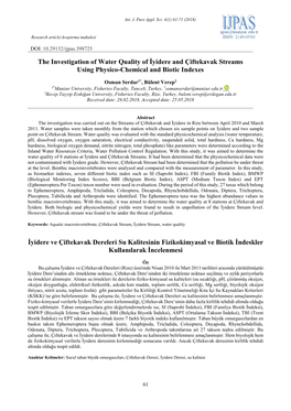 The Investigation of Water Quality of İyidere and Çiftekavak Streams Using Physico-Chemical and Biotic Indexes