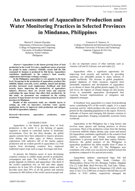 An Assessment of Aquaculture Production and Water Monitoring Practices in Selected Provinces in Mindanao, Philippines