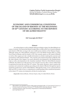 Economic and Commercial Conditions of the Island of Rhodes at the Beginning of 20Th Century According to the Reports of Sir Alfred Biliotti *