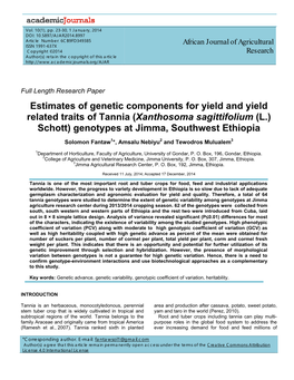 (Xanthosoma Sagittifolium (L.) Schott) Genotypes at Jimma, Southwest Ethiopia