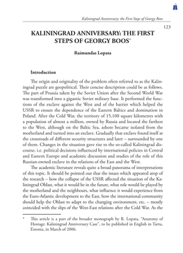 Kaliningrad Anniversary: the First Steps of Georgy Boos 123 KALININGRAD ANNIVERSARY: the FIRST STEPS of GEORGY BOOS*