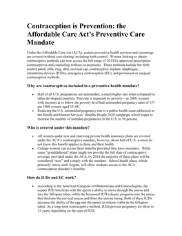 Contraception Is Prevention: the Affordable Care Act’S Preventive Care Mandate