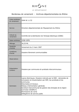 Bordereau De Versement - Archives Départementales Du Rhône