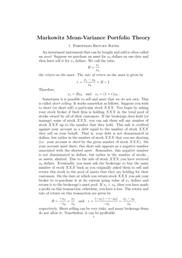 Markowitz Mean-Variance Portfolio Theory