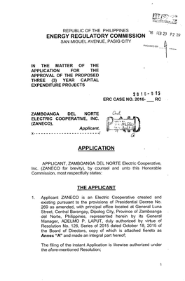 Energy Regulatory Commission Application