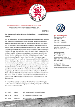 PRESSEMELDUNG KSV HESSEN KASSEL EV 08.07.2015 Der